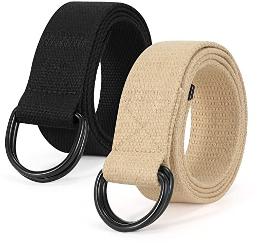 SUOSDEY Paquete de 2 cinturones de lona para hombre con doble anillo en D, cinturón casual duradero y ajustable con hebilla de metal para jeans, E-negro/caqui-negro anillo, M/81/99 cm pantalone