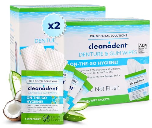 Dr. B Dental Solutions Cleanadent Wipes - Convenient Denture Cleaning Wipes, Refreshes Gums, No Artificial Colors/Flavors - 60 Count
