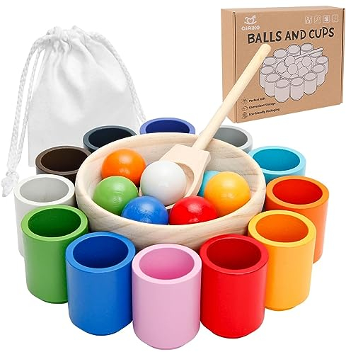 Montessori Spielzeug ab 3 Jahr, Holz Sortier Stapelspielzeug, 12 Kugeln 30 mm Regenbogen Holzkugeln in Tassen, Baby Spielzeug für Vorschule für Farbsortierung und Zählen, Geschenk ab 2 3 4 5 Jahr