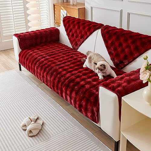 Rosnek Couch überwurf,Plüsch Superweich Sofaüberwurf rutschfest Sofabezug Sofaüberwurf Verdicktes Dekoration Für 2 3 Sitzer Sofa,2er 3er Sofa mit Armlehne,90x90 cm,Rot
