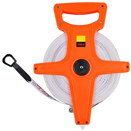 Glomora Ruban d'arpenteur en Fibre de Verre 100 m, Longue Mesure Pliable Et Rétractable, Ruban à Bobine Ouverte Double Face Pour L'enquête Sur les Pistes Et les Ingénieurs.(Orange)