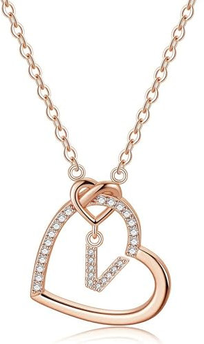 LIHELEI Damen Halskette Herz Buchstabe S925 Roségold Kette Damen Personalisiere Kette, Geburtstags und Weihnachten Geschenk Für Frauen Mädchen Mama Freundin - V(Roségold)