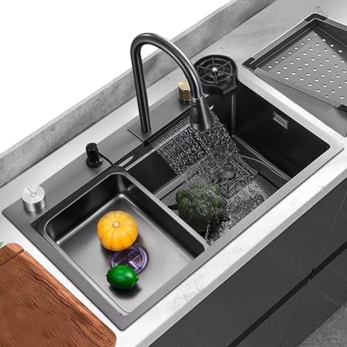 Fregadero De Cocina Negro Grifo En Cascada Fregadero De Acero Inoxidable con Lavavasos Fregadero Grande De Un Seno Todos Los Accesorios Incluidos 80x45x22cm