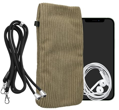 kwmobile Housse Collier Protection Universelle Smartphone XXL - 7 - Pochette téléphone en Velours côtelé avec Collier Ajustable - Vert Olive
