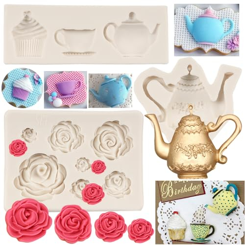 FCKEMLDS Tea Party Cake Mold Teapot Fondant Mold Tea Cup Cupcake Rose Flower Molds for Tea Party Cake Decoration Cupcake Topper Chocolate Candy Polymer Clay Set of 3