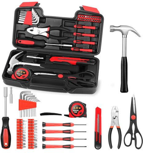 Kit d'outils ménagers tout usage 39 pièces avec boîte à outils, idéal pour la maison, le garage, le bureau et le dortoir, le bricolage et les travaux manuels Rouge