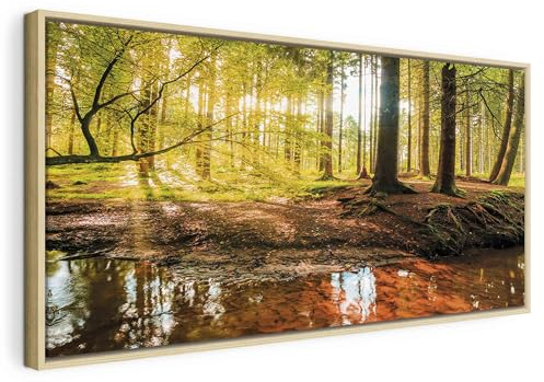 B&D XXL - Wandbilder XXL mit Rahmen Wald 140x70 cm Wandbilder groß Leinwandbild XXL natürlicher Holzrahmen modern Wanddekoration Kunstdruck Wanddeko Wohnzimmer Schlafzimmer c-B-0174-b-a
