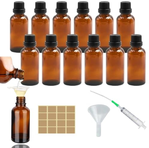 TUAKIMCE 12 Stück Braunglasflasche 30ml, Tropfflasche aus Glas Braune Apothekerflasche Set inkl. kleine Glasflaschen Trichter Spritze und Etikett (Braun, 30ml)