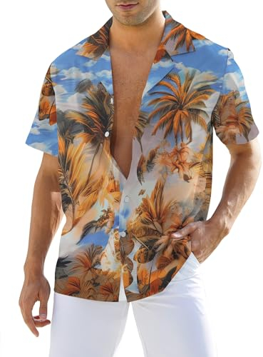 Atforna Hawaii Hemd Männer Freizeithemden Herren Kurzarm Sommer Festival Kostüm Hawaiihemd Strand Party Hemden 80er Jahre Outfit Blau Kokospalme XL
