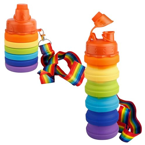 Vanyibro 500ML Silicone Water Bottle for Kids,Portable and Collapsible Drink Bottle with Lanyard Straps,Rainbow