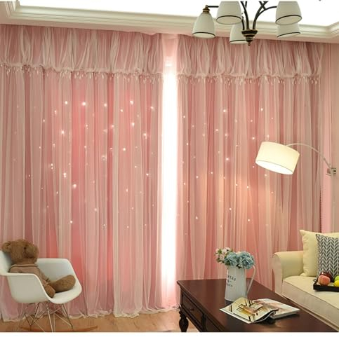 Musihy Verdunkelungs-Vorhang Gardine, Ausgehöhlte Sterne, doppellagige Verdunkelungsvorhänge mit Tüll für Schlafzimmer, Rosa, 86 x 214 cm
