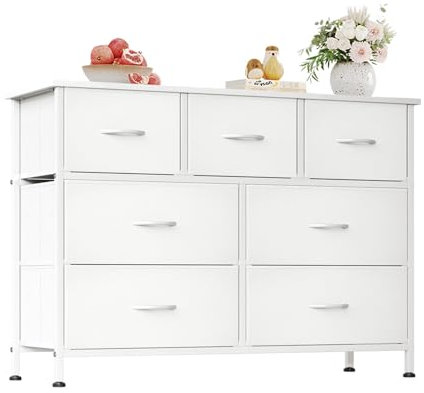 CAIYUN Kommode mit 7 Schubladen aus Stoff, Schubladenschrank, Aufbewahrungsschrank Hoch Holztop Komodenschrank Sideboard Möbel für Schlafzimmer/Wohnzimmer/Flur/Kinderzimmer, Weiß