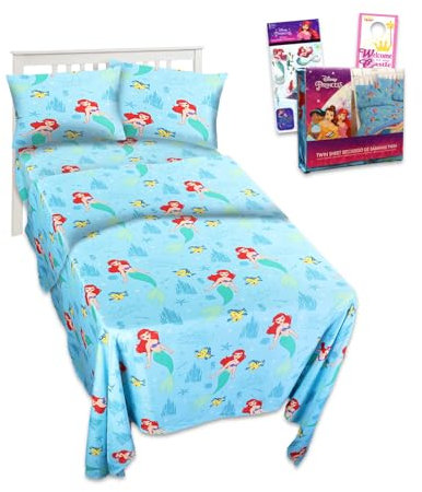 The Little Mermaid Bettwäsche-Set für Kleinkinder – Set enthält Arielle Bettlaken mit Bettlaken, Spannbetttuch und Kissenbezug für Doppelbett plus Aufkleber, weitere kleine Meerjungfrau Schlafzimmer