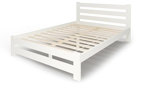 Holzbett 120x200 cm mit Lattenrost Modern Bett Bed Kiefer Massiv Bettgestell Doppelbett Massivholzbett Klassisch | Komfortabel & Langlebig | Skandinavisch Boho Landhaus Kopfteil hoch weiß