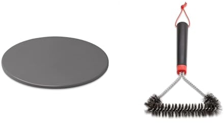 Weber Pierre à Pizza Artisanale - Pierre de Cuisson Vitrifiée pour Barbecue - Pierre à Pizza en Cordiérite - Accessoire Gourmet Barbecue Weber - Rond 36cm - Noir (18412) & 12 Three-Sided Grill Brush