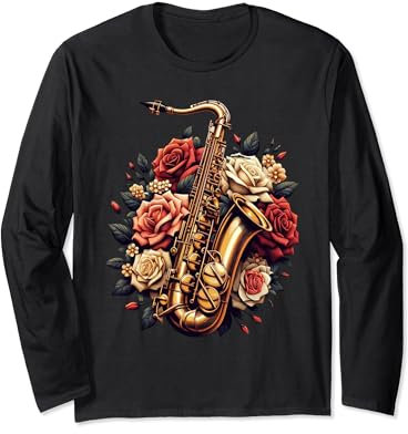 Saxophone Fleur Rose Floral Mignon Saxophoniste Hommes Femmes Enfants Manche Longue