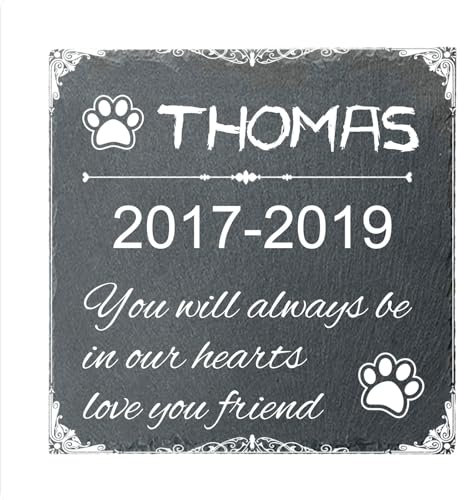 Individueller Personalisiert Tiergrabstein Schiefer Gedenkstein,Tiergrabstein, Tier Grabstein Herz aus Schiefer wetterfeste Imprägnierung! mit Foto und Name Bedrucken - In liebevoller Erinnerung