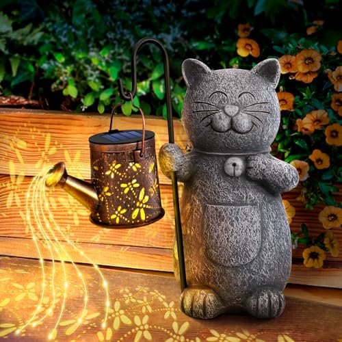 Hinshark Geschenke für Frauen Mama, Katze Garten Deko Gartenstatuen mit Solar Laterne, Geburtstagsgeschenk für Frauen, Gartendeko für Draußen Wetterfest, Terrassen Deko, Muttertagsgeschenk