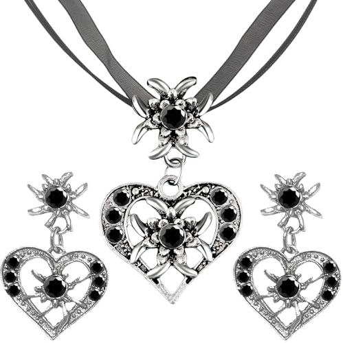 Lucktao 3 Stück Trachtenschmuck Damen Set,Bayerisch Dirndlschmuck Trachtenkette,Ohrringe Halskette mit Strass Edelweiß Herz Anhänger,Für Oktoberfest Accessoires,Oktoberfest Damen Outfit (Schwarz)