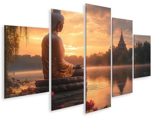 islandburner Bild auf Leinwand Buddha am See bei Sonnenuntergang ruhige Lotusblüten im Vordergrund Bilder Wandbilder Poster