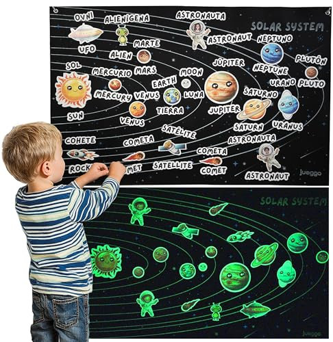 JUEGGO Sonnensystem für Kinder, leuchtet im Dunkeln, magnetisches Spiel, Sonnensystem, Planeten und 59 Magnete, zweisprachig, Lernspiele für Kinder, 5 Jahre, 3, 4, 5, 6, 7, 8 Jahre, Planeten für
