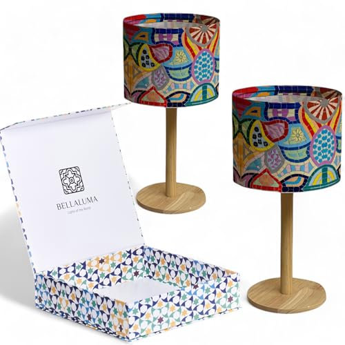 Lampe de chevet chambre lampe de table salon veilleuse d'ambiance abats-jour design multicolore lumiere E14 Led lampe chevet originale pieds modernes en bois lampes de salon (Dalí Dream, 2 unités)