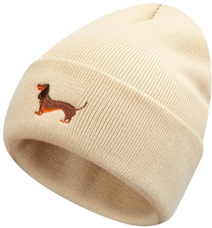 Geyoga Warme Weiche Wintermütze Winter Beanie Mütze Strickmütze mit Stickerei Kalte Mütze mit Hundestickerei Geschenk Strickmütze für Hundebesitzer(Beige,Einfacher Dackel)