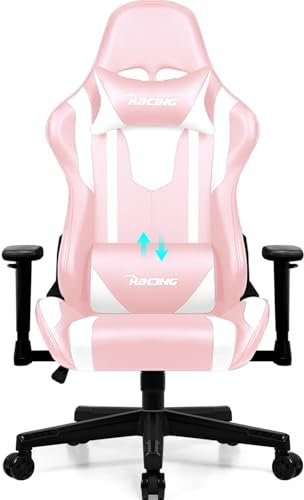 Homimaster Gaming Stuhl, Bürostuhl Ergonomisch mit verstellbare Lendenkissen, Kopfkissen und Armlehnen,Gaming Chair Gepolstert,Gamer Stuhl Wippfunktion, Schreibtischstuhl Gaming Stuhl 150 kg, Rosa