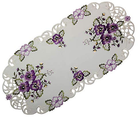Quinnyshop Lila Stiefmütterchen Stickerei Tischläufer Tischdecke Kissenhülle Größe wählbar Polyester, Weiß (35 x 70 cm)