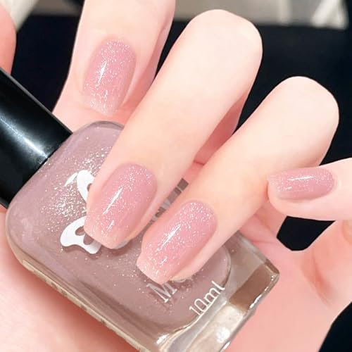 Glitter Nail Varnish, Neutral Nail Polish, Glitter Nude Pink Quick Dry Long Lasting Nail Paint, Holographic French Manicure No Need UV Nail Polish for Women DIY Nail Art Manicure