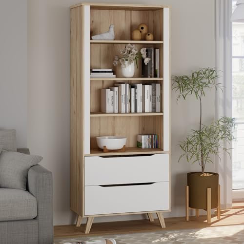 Forte VANKKA Regal 85, Regal mit Kombination aus 3 Einlegböden und 2 Schubladen, Holzwerkstoff, Planked Eiche Dekor/Weiß, 84,7 cm breit, 201,5 cm hoch, 42 cm tief
