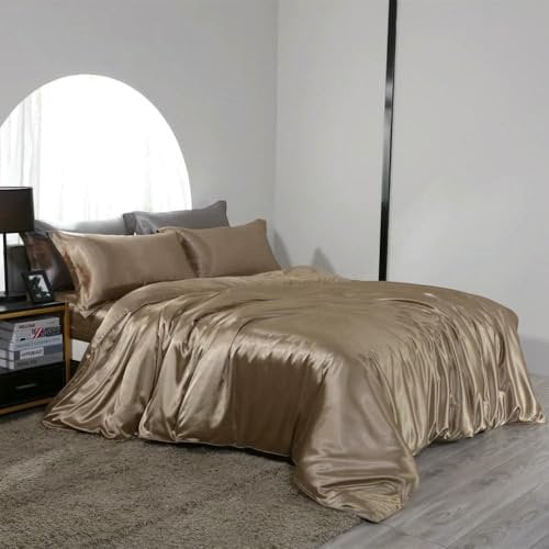 XDMING Juego de Cama de Seda Morera con sábanas Ajustables y Planas, Funda nórdica Sedosa y Funda de Almohada para el hogar, Hotel, tamaño Queen y King.
