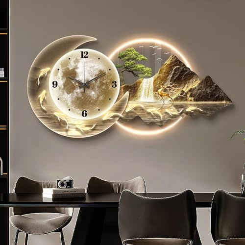 Wandskulpturen, 3D-Wandkunst, moderne Dekoration, Wohnzimmer, Restaurant, Panorama-Landschaft, mit Uhr, LED-Licht, zum Aufhängen, Dekoration für das Haus (Größe: 80 x 40 cm, Farbe: Stil A