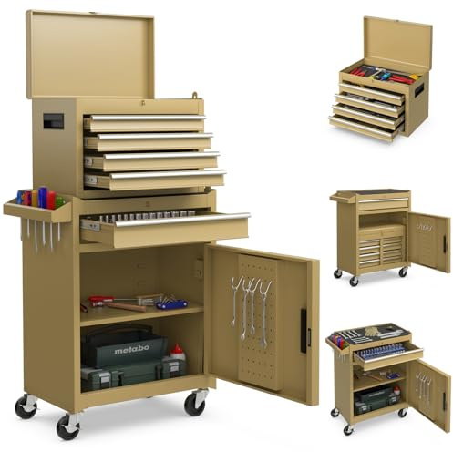 GOPLUS Carro de Taller Herramienta con Ruedas, Armario Completo Maleta, Carrinho Ferrramenta con 5 Cajas, Ganchos, 3 Estantes Ajustables y Alfombrillas Antideslizantes (Amarillo Desierto)