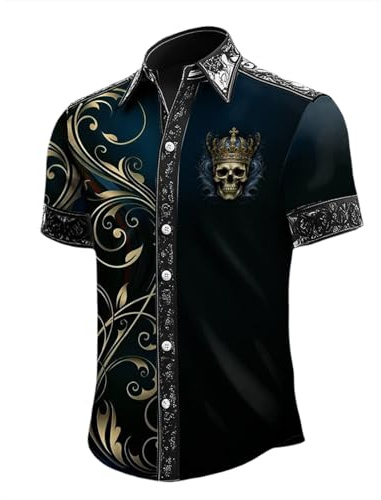 Halloween Hemd Herren Sommerhemd Entsetzen Totenkopf Bedruckte Bluse Revers Knopf Kurzarm T Shirt Gothic Blutspritzer Muster Oberteile Lustig Festival Outfit Freizeithemd Karneval Party Kostüm