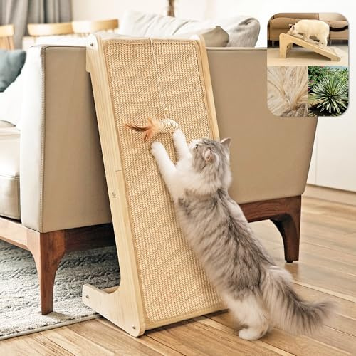 PETKARAY Dual-Use Cat Scratcher, 68cm High Scratching Board for Indoor Cats, Sisal Cat Scratching Post, L-Shaped Protecting Furniture Scratch Pad with Mouse Toy, Catnip
