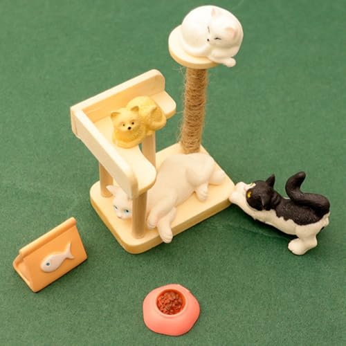 KARLOR Mini Cat Figures with Scratching Post 7 Pcs Set, Miniature Kitten & Climbing Tree Set, 4 Cats + Climbing Tower + Cat Food + Bowl, Miniature Cat Statue Animal Ornaments Car Table Garden Aquarium