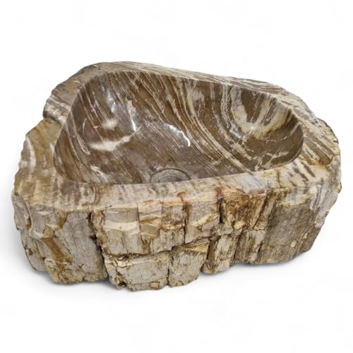 Lavello in legno pietrificato ca. 15 × 46 × 40 cm – Lavello da appoggio in pietra naturale fossile – pezzo unico fatto a mano con struttura corteccia – Lavabo nero – Indonesia – Design bagno di