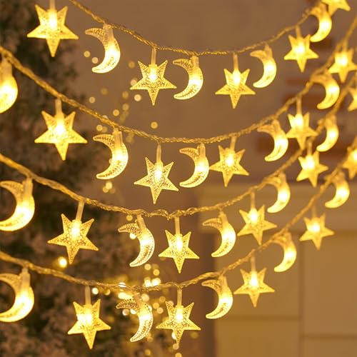 Koboko Ramadan Lichterkette mit 2 Modi,3M 20 LED Eid Ramadan Deko Lichterkette Batterie,Muslim Eid Mubarak Lichterketten,Islamische Stern Mond Lichterketten,Mubarak Dekolicherkette für Innen Außen (B)