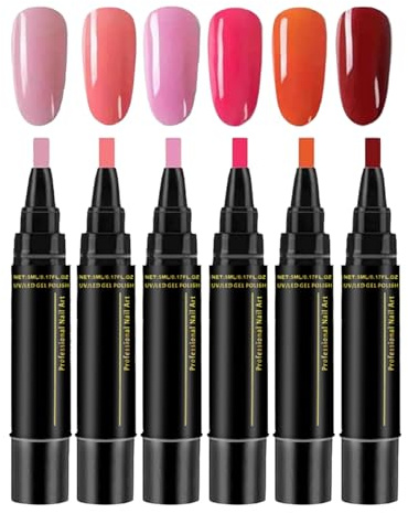 6PC Quick Dry 3 in 1 Nail Varnish Pens for DIY Nail Art, Colored Gel Nail Polish Pens Set, UV LED Light Curing Quick Drying Easy Application Crafts Pen,Long-Lasting Vibrant Color Portable Nail Pen Set