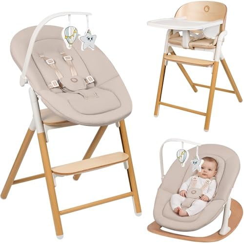 Lionelo Celia Set Hochstuhl Baby aus Buchenholz, Mitwachsender | Kinderhochstuhl mit Neugeborenenaufsatz und Babywippe, Ergonomischer Sitz, Werkzeuglos 6fach Verstellbar, Baby Set mit Tablet