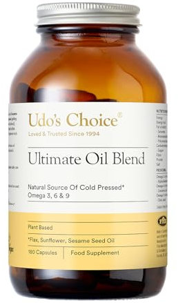 Udo's Choice Ultimate Oil Blend Capsules - Vegan Omega 3 6 9 from Cold-Pressed Plant Oils - Flaxseed, Evening Primrose, Sunflower - Heart, Brain, Skin, Hormone Support - 180 Capsules – 90 Servings