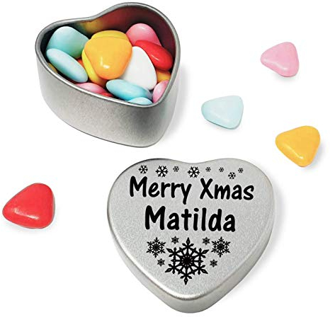 Gift In Can Merry Xmas Matilda Heart Shaped Mini Tin Gift filled with mini coloured chocolates perfect christmas card alternative for Matilda Fun Festive Snowflakes Design