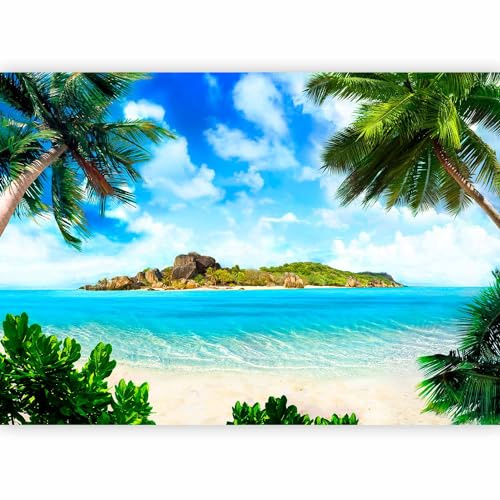 murando Photo Wallpaper Palm 150x105 cm /59.1 x 41.3 | Non-Woven Premium Art Print Fleece Wall Mural Decoration Poster Design Modern, Sea Beach Palm Sky Cloud Island blue green
