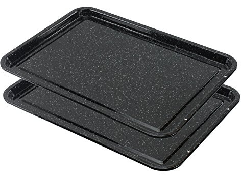 SPARES2GO Shallow Large Vitreous Enamel Raised Centre Oven Baking Tray (Pack of 2)