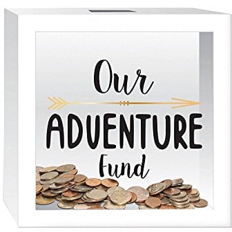 Foreside Home and Garden Our Adventure Fund Wooden Piggy Bank, Wood, White, 6x6