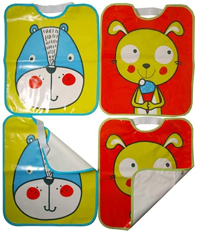 Ti TIN Confezione Da 4 Bavaglini Impermeabili 100% Vinile | Set Di 4 Bavaglini con Stampe Colorate e Disegni Divertenti | Chiusura Elastica Per Bambini Oltre i 12 Mesi, 32x35 cm