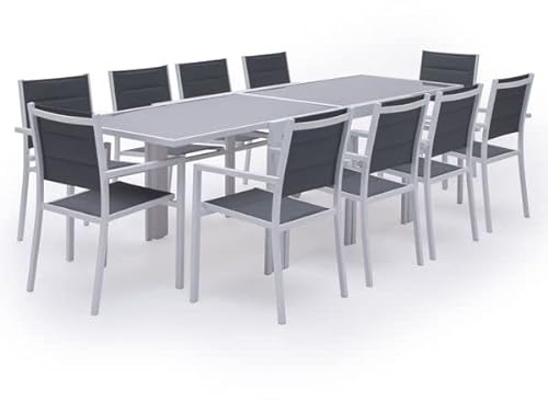 Salon de Jardin Extensible LAMPEDUSA - Salon de Jardin 10 Personnes - Table + Chaises - Blanc/Gris
