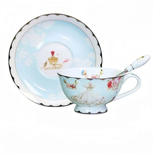 Ensemble tasse et soucoupe en porcelaine anglaise avec cuillère, motif rose vintage pour femme et maman (200 ml)