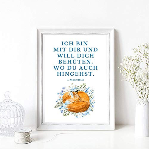 Din A4 Kunstdruck ungerahmt - Bibel Spruch - Ich bin mit dir und will dich behüten - Jesaja - Geburt Taufe Glaube Kinderzimmer Segen Fuchs Blau Geschenk Druck Poster Bild